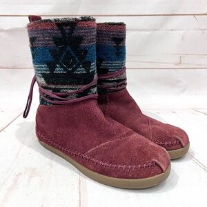 Toms Burgundy Suede Napal Serape Aztec Blanket Textile Fur Lined Moccasin Boots